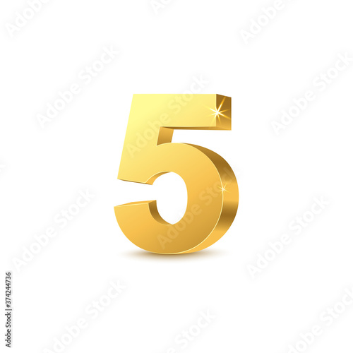 Golden 3d number five template realistic vector illustration isolated on white.