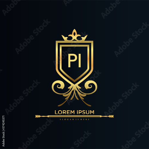 PI Letter Initial with Royal Template.elegant with crown logo vector, Creative Lettering Logo Vector Illustration.