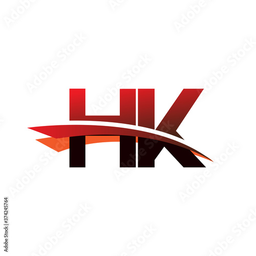 initial letter HK logotype company name colored black and red swoosh design.