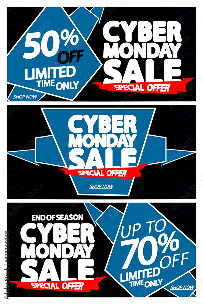 Set Cyber Monday Sale banners, discount tags design template, vector illustration 