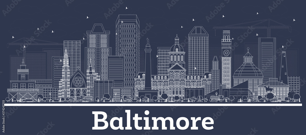 Outline Baltimore Maryland City Skyline with White Buildings.