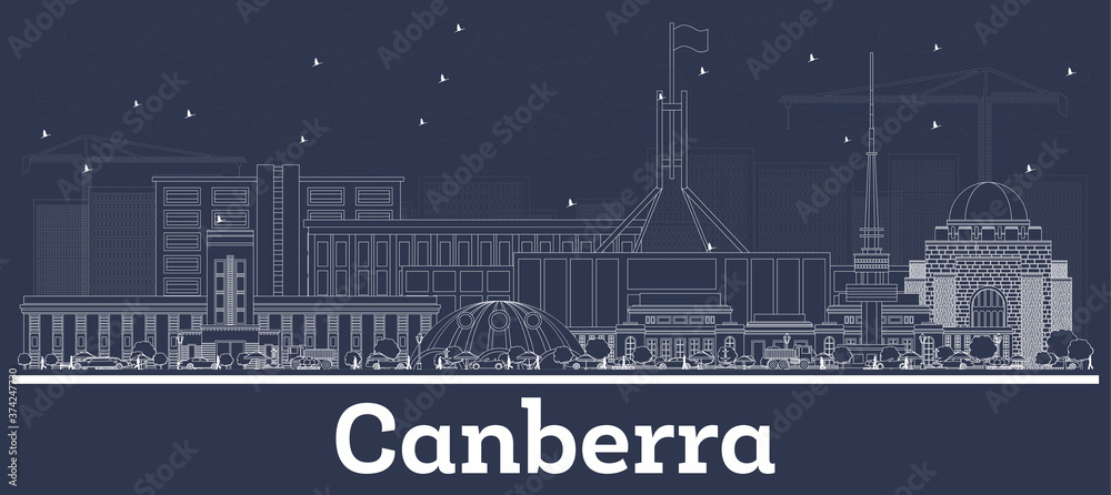Outline Canberra Australia City Skyline with White Buildings.