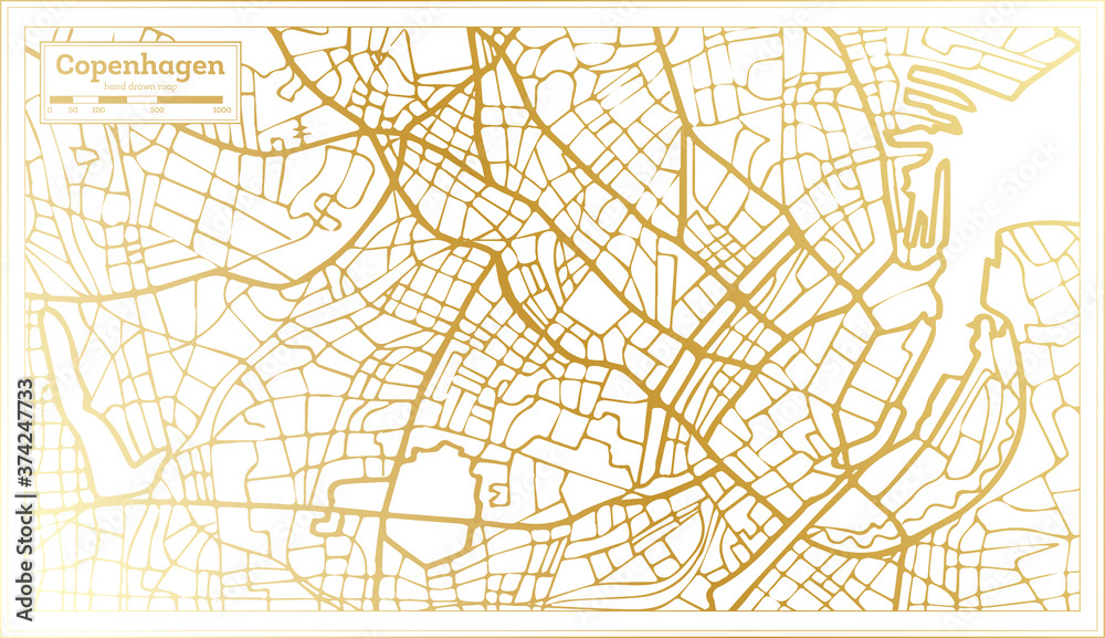 Copenhagen Denmark City Map in Retro Style in Golden Color. Outline Map.