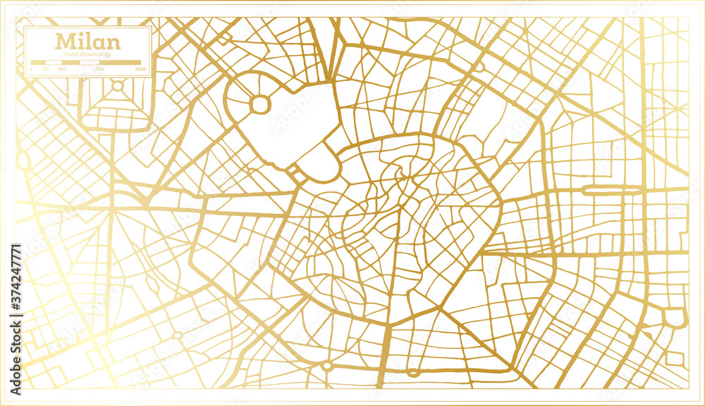 Fototapeta premium Milan Italy City Map in Retro Style in Golden Color. Outline Map.