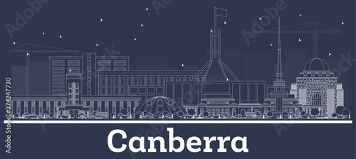 Outline Canberra Australia City Skyline with White Buildings.