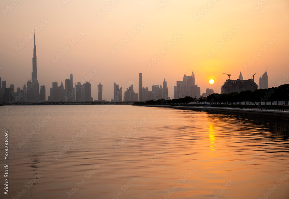 Sunset over a skyline of a beautiful city of Dubai. UAE.
