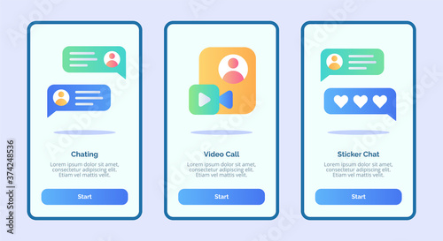 Chatting video call sticker chat for mobile apps template banner page UI with three variations modern flat color style