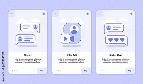 Chatting video call sticker chat onboarding screen for mobile apps template banner page UI with three variations modern flat outline style