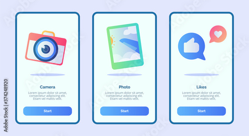 Camera photo likes for mobile apps template banner page UI with three variations modern flat color style
