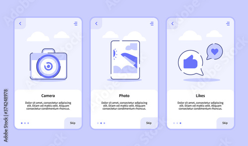 Camera photo likes onboarding screen for mobile apps template banner page UI with three variations modern flat outline style