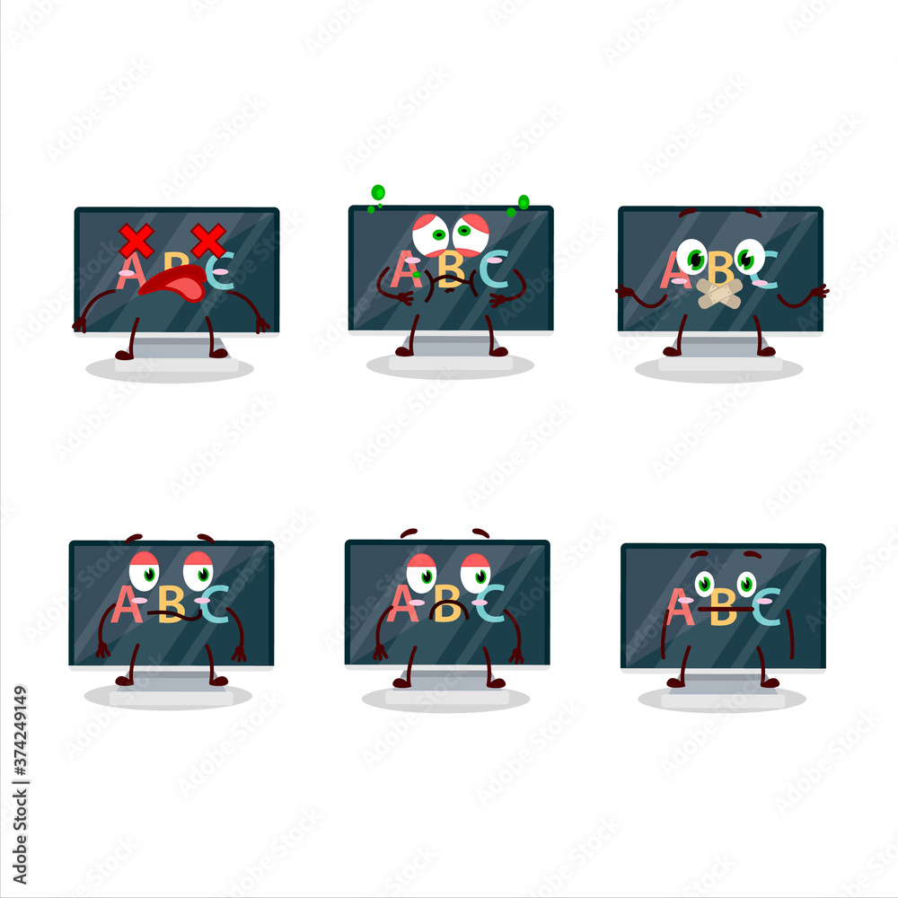 Fototapeta premium Alphabet on monitor cartoon character with nope expression