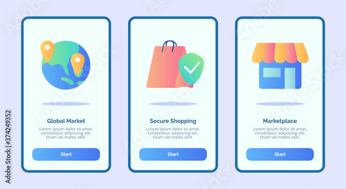 Global market secure shopping marketplace for mobile apps template banner page UI with three variations modern flat color style.
