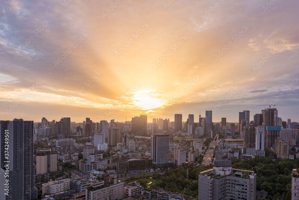 Chengdu, Sichuan Province, China - July 27, 2016: skyline aerial view at sunrise