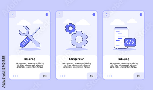 Repairing configuration debuging onboarding screen for mobile apps template banner page UI with three variations modern flat outline style.