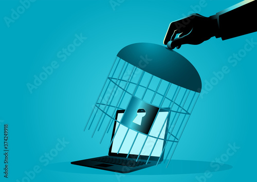 Human hand covering a laptop with bird cage