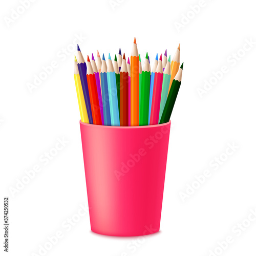 Illustration of colored pencils in a glass for office.
