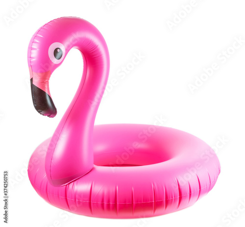 Beach flamingo. Pink pool inflatable flamingo for summer beach isolated on white background. Trendy summer concept.