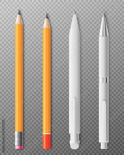 Realistic pencil and pen mockup set isolated on transparent background.