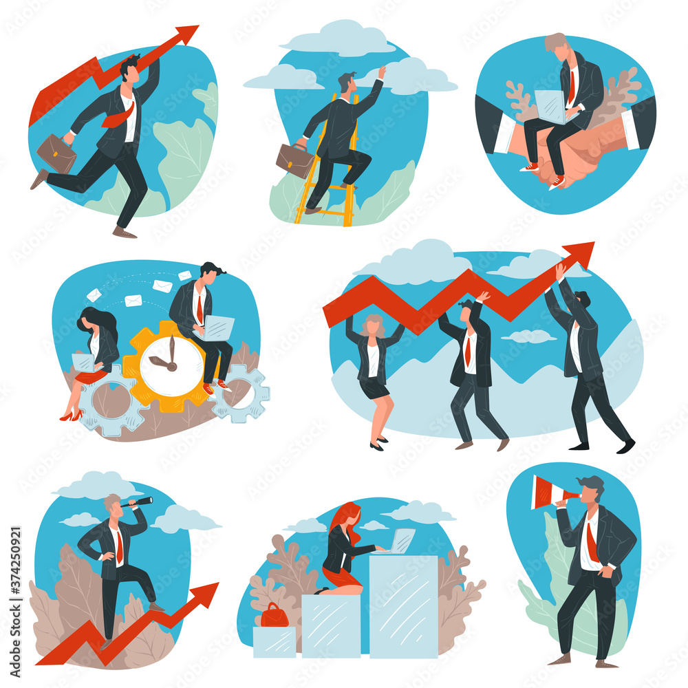 Business team development and achievement, successful leaders vector