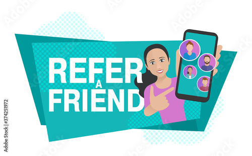 Refer a friend - referral program creative banner - cute young girl hold phone and shows his friends (people icons, avatars) - vector illustration with polygonal background