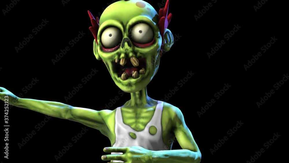 Seamless animation of a closeup of a zombie dancing salsa isolated with alpha channel. Funny cartoon character for Halloween background.