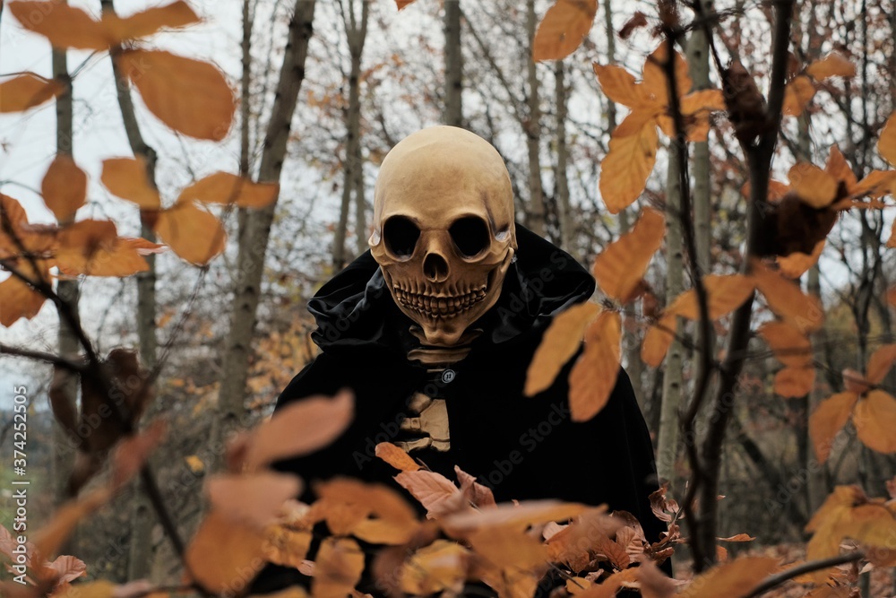 Halloween party. Death carnival costume. Death in a frame of yellow foliage in the autumn forest.Holiday Party in October. Festival and carnival concept. Horror and fear Halloween party. Death carnival costume. Death in a frame of yellow foliage in the autumn forest.Holiday Party in October. Festival and carnival concept. Horror and fear