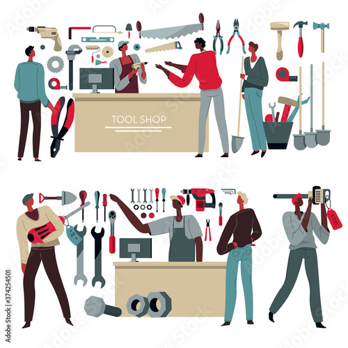 Tool shop assistant and customers, selling instruments vector