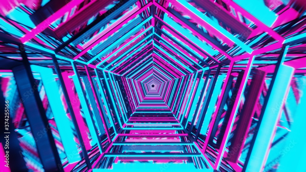 Mirror tunnel of pentagonal shape, movement effect
