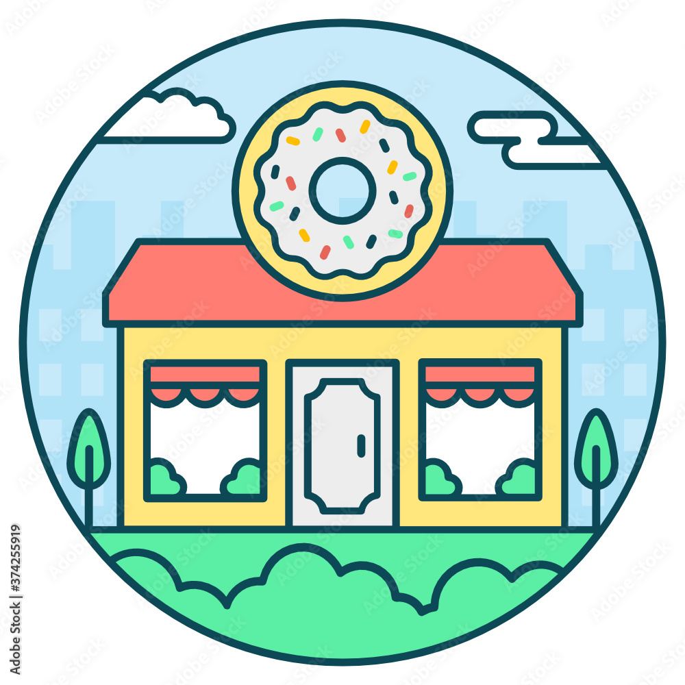 Icon of donut on building showing concept of donut shop
Icon of donut on building showing concept of donut shop