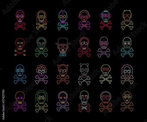 Neon colors isolated on a black background Skull and Crossbones vector icon set. Large bundle of unique design elements, each icon is on a separate layer.