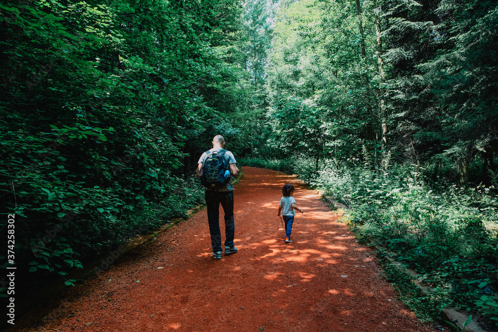 Obraz premium Father wearing a backpack and son holding a cane hiking together on a path in the forest, Istanbul, Turkey