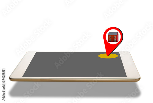 Red global positioning pin at home address on blank computer tablet screen on white background. Smart technology concept and artificial intelligence idea