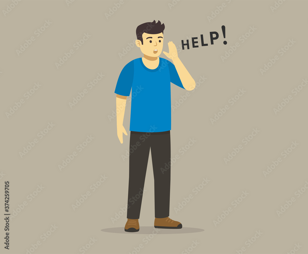 Young man asking for help. Screaming male guy. Isolated flat vector illustration template. Young man asking for help. Screaming male guy. Isolated flat vector illustration template.