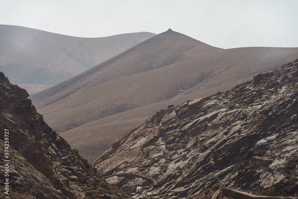 The mountain landscape. View from Mirador (viewpoint) Las Penitas. Fuerteventura. Canary Island. Spain.