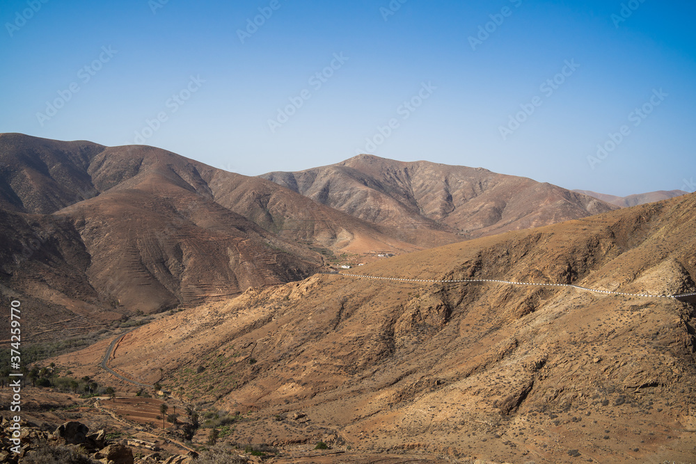 View of the mountain landscape from the Risco de las Penas viewpoint. Fuerteventura. Canary Islands. Spain.