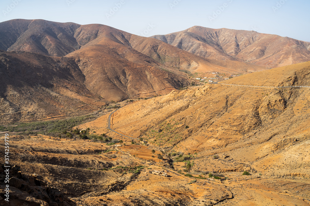 View of the mountain landscape from the Risco de las Penas viewpoint. Fuerteventura. Canary Islands. Spain.