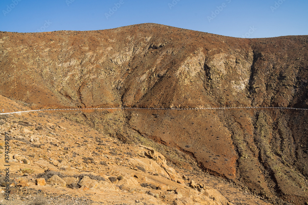 View of the mountain landscape from the Risco de las Penas viewpoint. Fuerteventura. Canary Islands. Spain.