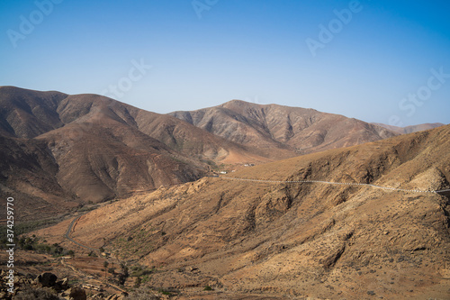 View of the mountain landscape from the Risco de las Penas viewpoint. Fuerteventura. Canary Islands. Spain.