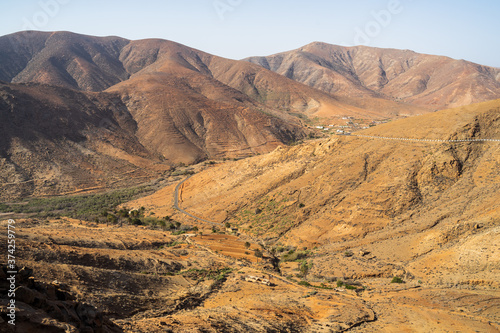 View of the mountain landscape from the Risco de las Penas viewpoint. Fuerteventura. Canary Islands. Spain.