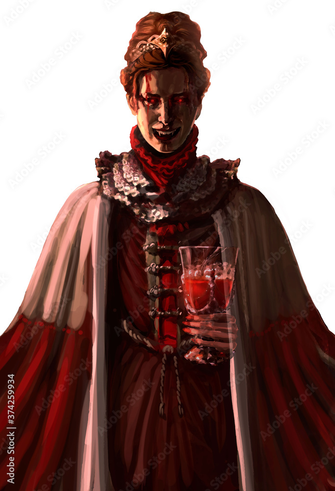 Sinister Countess vampire in retro clothes, eerily smiling showing his sharp teeth, holding a glass of bright scarlet blood.  2D illustration