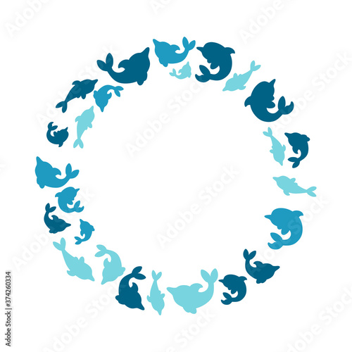 Round frame made of blue dolphins. Ready-made frame for your designs. Vector illustration in white background