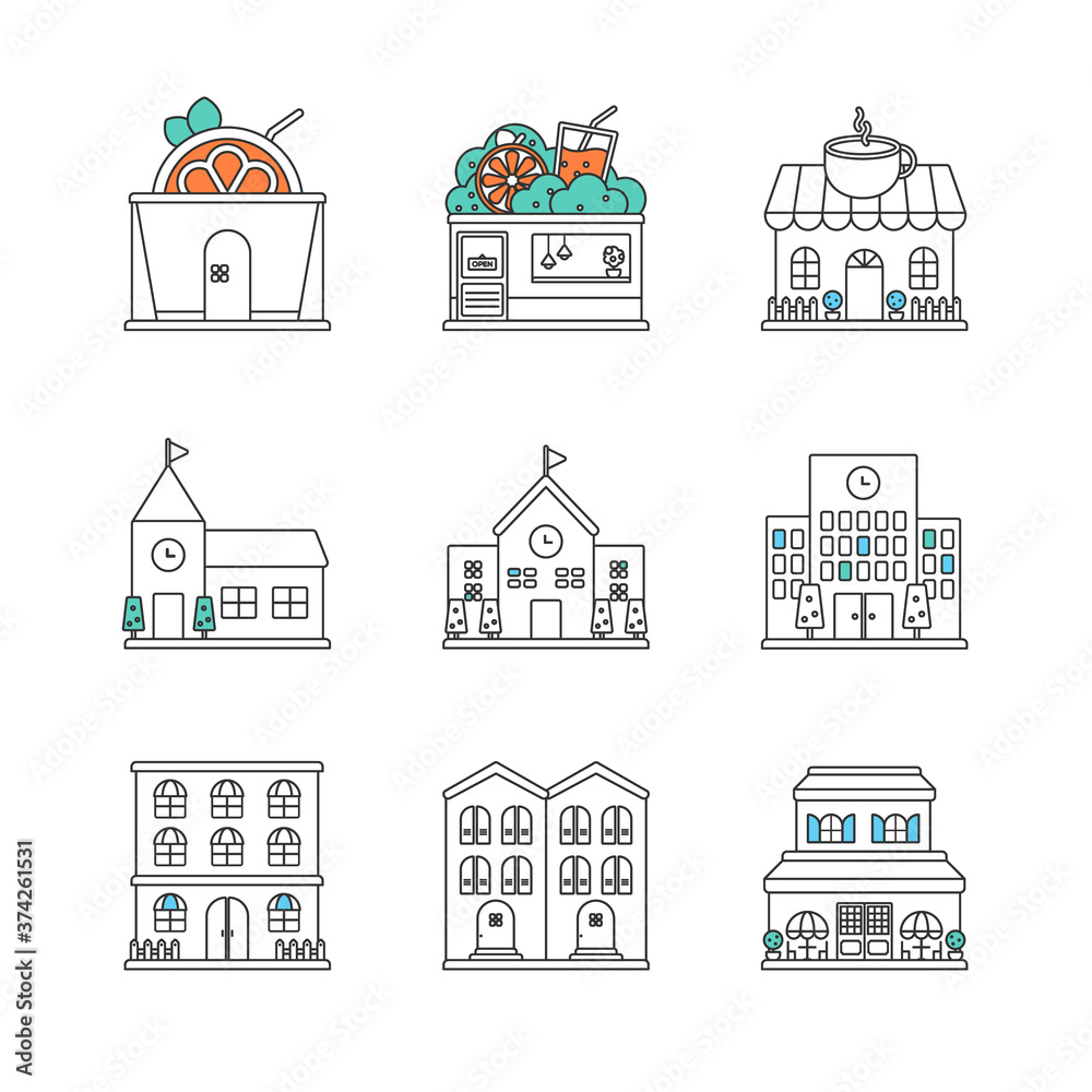 Simple Icons about schools and shops.
