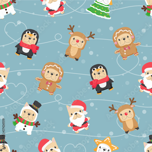 cute funny french bulldog puppy in christmas costume seamless pattern for fabric or paper wrapping