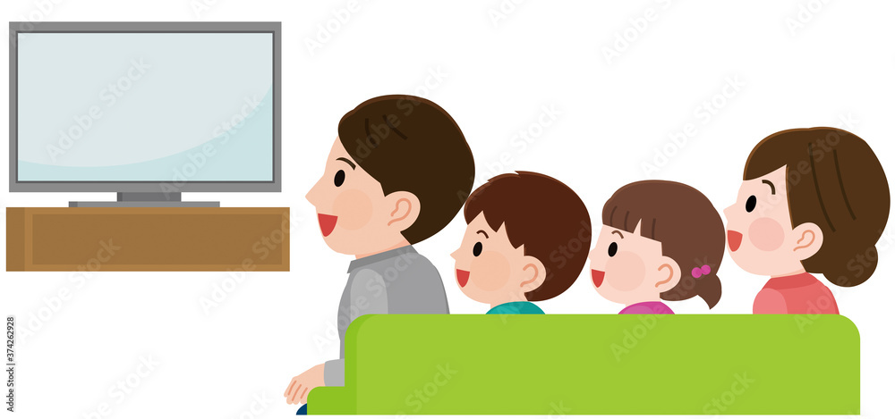 テレビ画面を見て笑う4人家族2 イラスト Vector De Stock Adobe Stock
