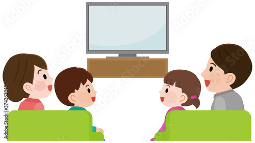 テレビ画面を見て笑う4人家族1　イラスト