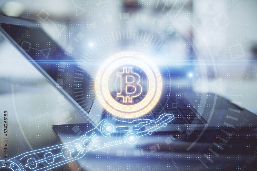 Double exposure of blockchain and crypto economy theme hologram and table with computer background. Concept of bitcoin cryptocurrency. Double exposure of blockchain and crypto economy theme hologram and table with computer background. Concept of bitcoin cryptocurrency.