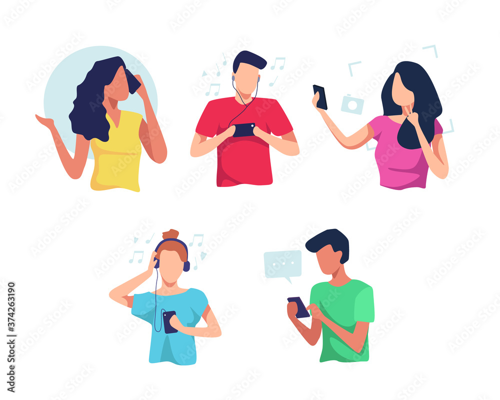 Fototapeta premium People using smartphones flat vector illustration set
