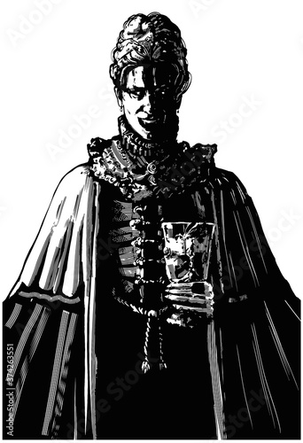 Sinister Countess vampire in retro clothes, eerily smiling showing his sharp teeth, holding a glass of blood. 2D illustration