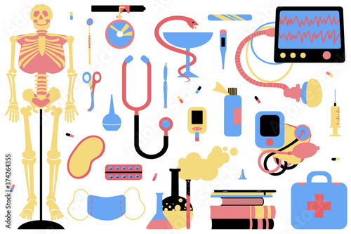 Medicine concept clipatrs. A set of objects for medical examination, treatment or diagnosis. Illustration. Flat style.
