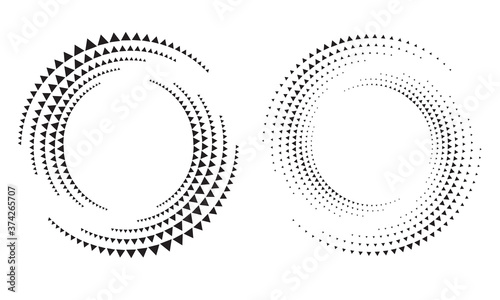 Modern abstract background. Halftone  triangles in circle form. Round logo. Vector dotted frame. Design element or icon.